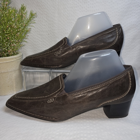 Ara Dark Brown Leather Loafers Square Toe Small Block Heel Womens9.5 - Picture 3 of 11
